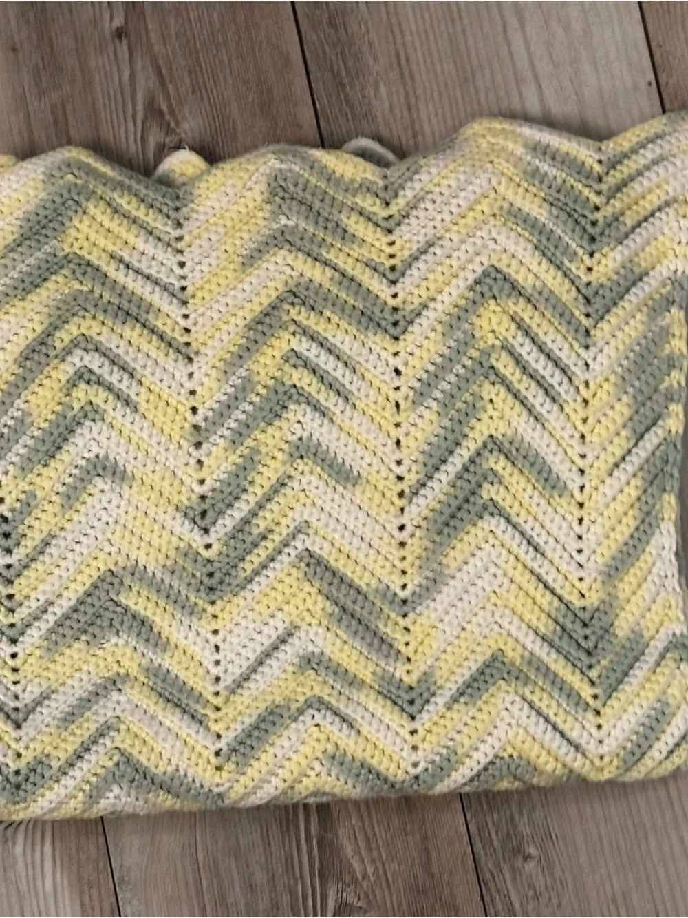 Handmade Chevron Baby Blanket in Yellow, Cream & Gray Ripple Stich Approx 30x30’